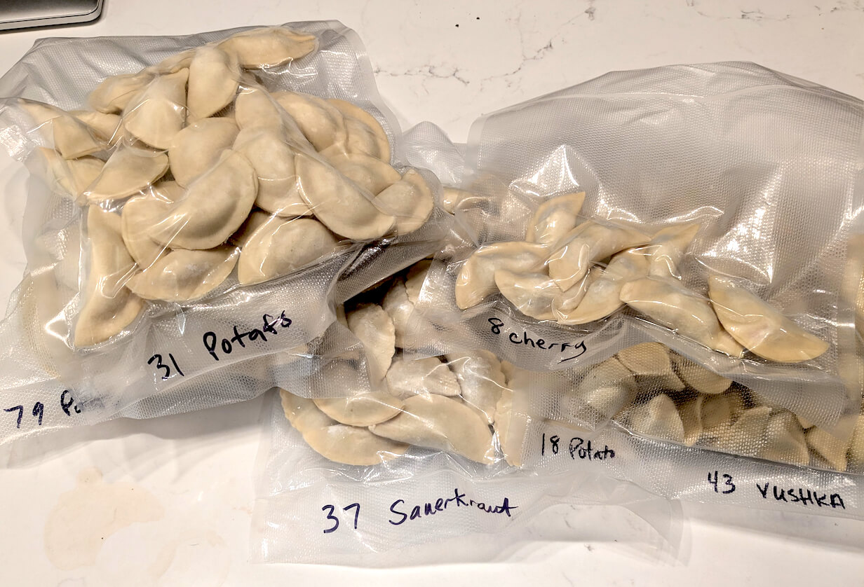 Varenyky ready for storage in the freezer.